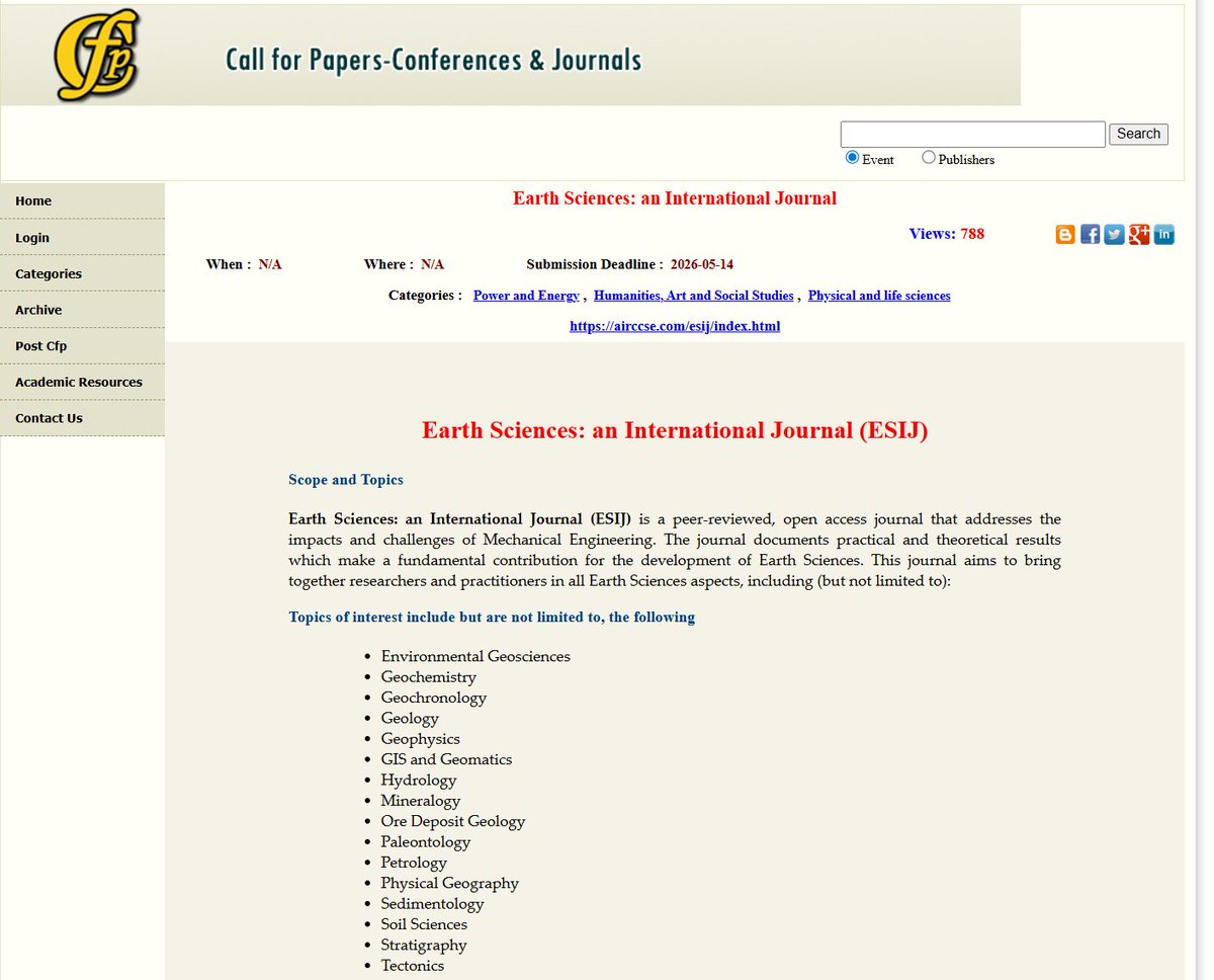 Journal_ESIJ's tweet photo. Free Publications! Call for Research Papers! 
Earth Sciences: An International Journal (ESIJ)
https://t.co/OZspElzUOP
Submission Deadline : May 14, 2026
Here's where you can reach us:  esijjournal2@yahoo.com or esijjournal@airccse.com
https://t.co/a3iAmH6qAH https://t.co/jlkEJmYOOw