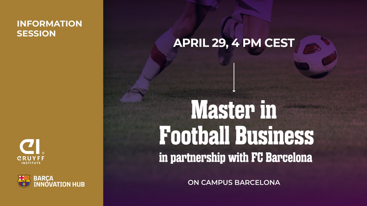 Cruyff_Inst_NL's tweet image. Doe vanmiddag om 16 uur mee met onze online infosessie en ontdek de Master #FootballBusiness i.s.m. @FCBarcelona – @BarcaInnoHub.

Een programma voor professionals die hun kennis van voetbalmanagement, strategie en innovatie willen verdiepen.

✍️: openwebinar.johancruyffinstitute.com/meeting/regist…