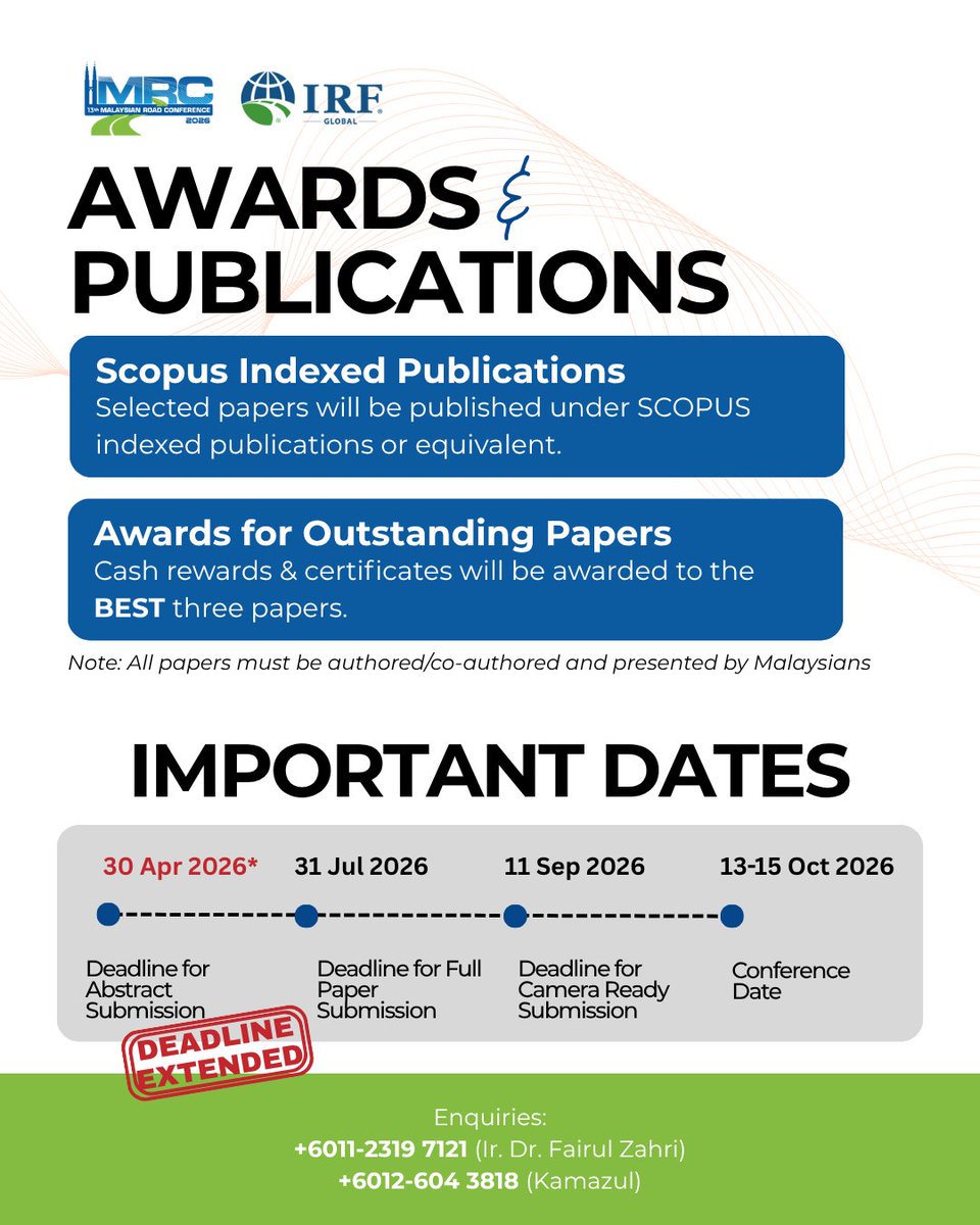 13thMRC's tweet photo. ⏳ 1 day to go!

Submit your abstract and take the leap in making your work count. Your ideas deserve the spotlight.

Visit https://t.co/PGdPwVtSx9

#13thMRC2026 #MalaysianRoadConference

@moworksmy
@IPJKR_Official
@LLMrasmi
@CIDBMALAYSIA
@mirosroadsafety
@ReamMalaysia
@plus2u https://t.co/rp32g2h5Uf