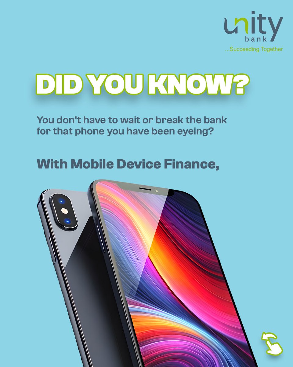 UnityBankPlc's tweet photo. Your dream phone shouldn’t feel like a long-term wish. 

With the Unity Bank Mobile Device Finance you get flexible plans, a simple monthly rate, and zero pressure.  

Click on the link below to register and upgrade. 

https://t.co/fi0o4jBMTl

#MobileDeviceFinance https://t.co/ouZzXh6kDF