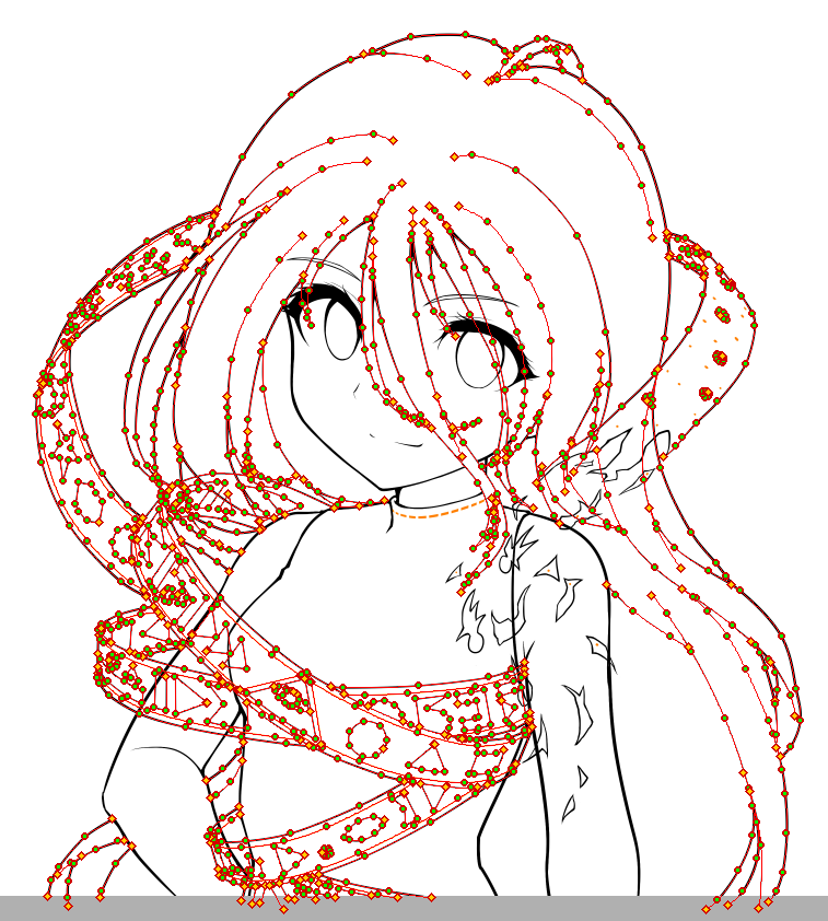 ボディラインは崩さないよう、別パーツで描かれています。髪と服のラインはベクター線。
今回も原作絵を意識して髪の位置や模様を揃えましたが紐は画面外に行ってしまうので顔付近で巻きました。その代わり千切れ飛んだ部品の形状まで似せています。絵に居ない子一人と魚はジャケット裏にいます 