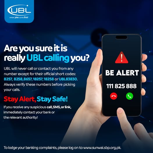 UBLDigital's tweet image. Are you sure it’s really UBL calling you?

UBL will only contact you from 8257, 8258, 8657, 18257, 18258, or UBL83830—these are PTA-approved shortcodes and cannot be faked.

Complaints to: sunwai.sbp.org.pk

#UBL #FraudAwareness #SecurityKaSwitchOn #StayAlertStaySafe