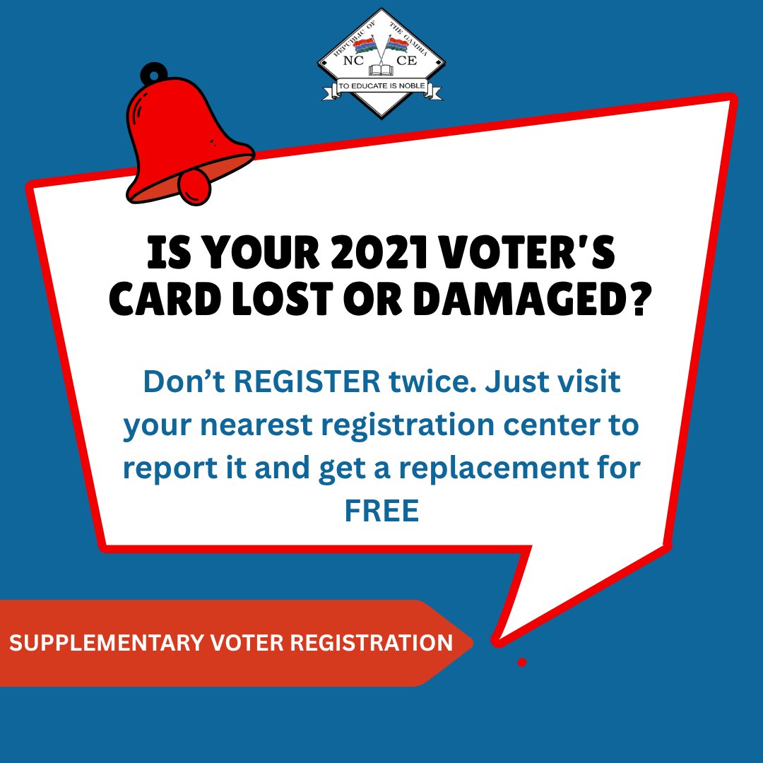 nccegambia's tweet image. 18+ or turning 18 soon? Register now!
Lost your voter’s card? Replace it FREE no need to register again.

Your vote = Your voice. Don’t miss out!

#NCCE
#MyVoteMyFuture 
#CivicEngagement