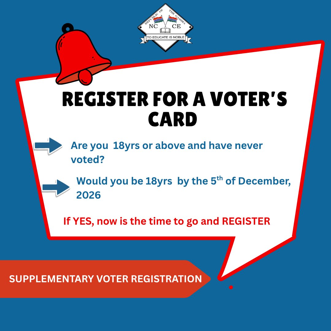 nccegambia's tweet image. 18+ or turning 18 soon? Register now!
Lost your voter’s card? Replace it FREE no need to register again.

Your vote = Your voice. Don’t miss out!

#NCCE
#MyVoteMyFuture 
#CivicEngagement