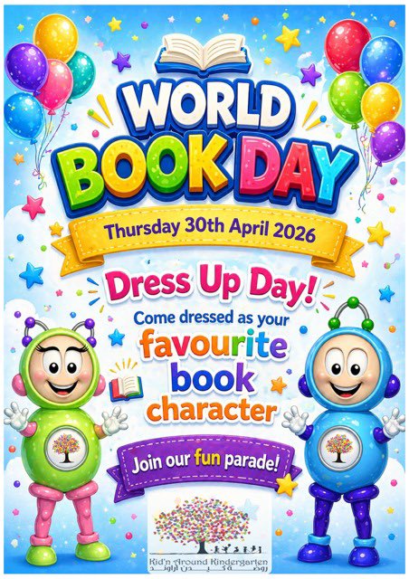 's tweet image. Book Week! 📚
Thursday, April 30: Children come dressed as their favorite storybook character.

أسبوع الكتاب! 📚
الخميس 30 أبريل: يأتي الأطفال مرتدين زي شخصيتهم القصصية المفضلة.

#BookWeek #DressUpDay #StorybookFun #LittleReaders #KidnAroundKGQatar