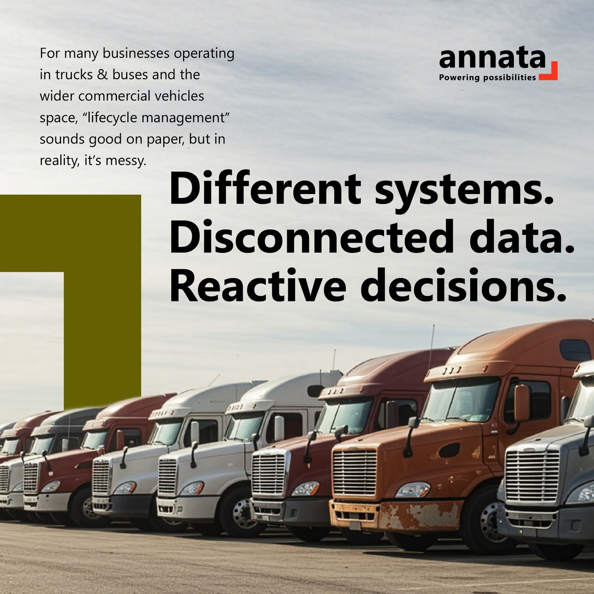 Annata's tweet image. Too many systems. Not enough visibility. Decisions come too late. A365 changes that for #commercialvehicle businesses. Find out how: annata.net/a365-commercia… #truck #bus #ERP #CRM #DMS #AI #Microsoft