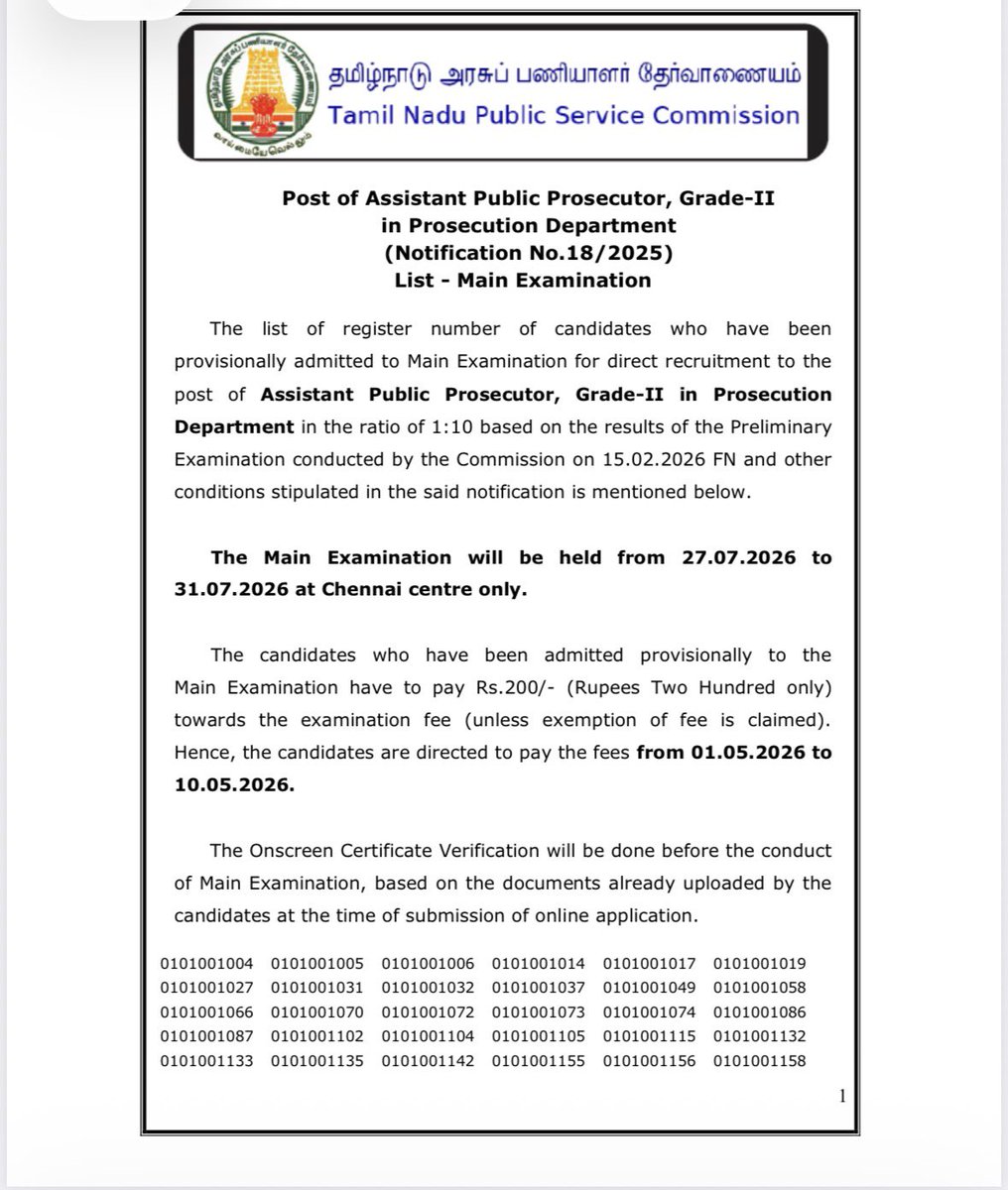 ARMTNPSC's tweet image. Preliminary Result for the Post of Assistant Public Prosecutor - Grade II

List for Main Written Exam to be held between 27.07.2026 &amp;amp; 31.07.2026 in Chennai Only 

#TNPSC #APP #Prosecutor