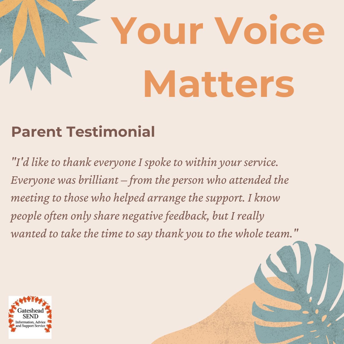 Gateshead_Send's tweet image. Hearing feedback like this reminds us why we do what we do. 
Every conversation, every meeting, every bit of support matters. Thank you for trusting us to be part of your journey.
#YourVoiceMatters #ParentVoices #SupportMatters #SENDSupport #FamilySupport #CommunityCare