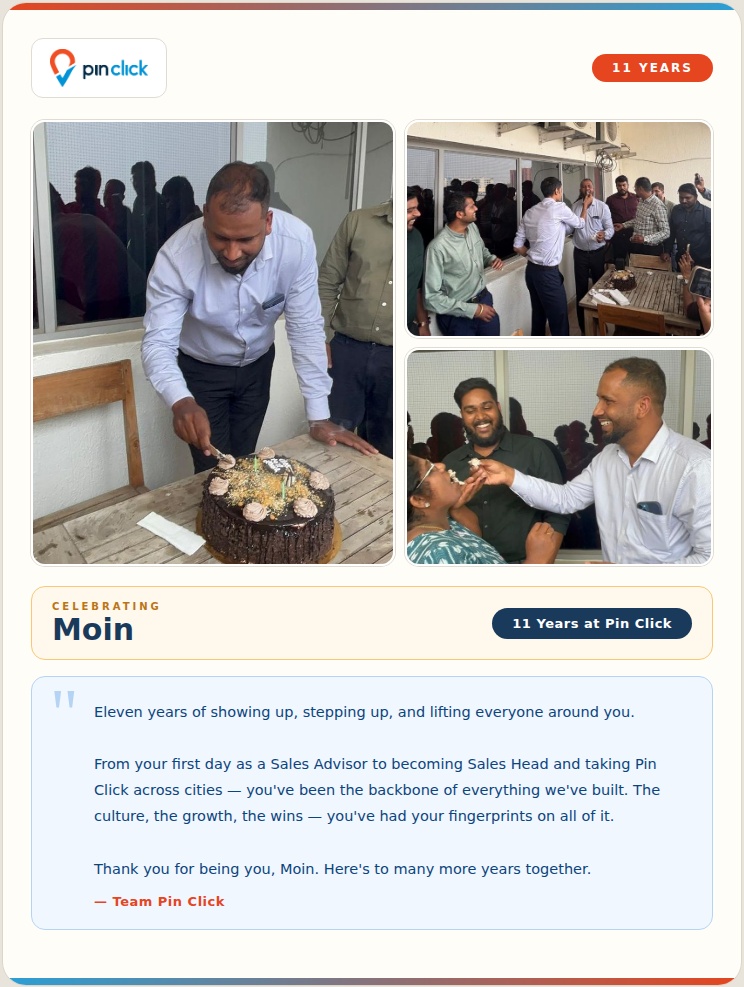 pinclickhomes's tweet photo. 11 years. That's not just a number — that's commitment, growth, and impact at a scale very few people achieve.

Today, we celebrate Moin completing 11 incredible years at PinClick. 🎉

 #pinclickhomes #11Years https://t.co/pXFjHct4Az