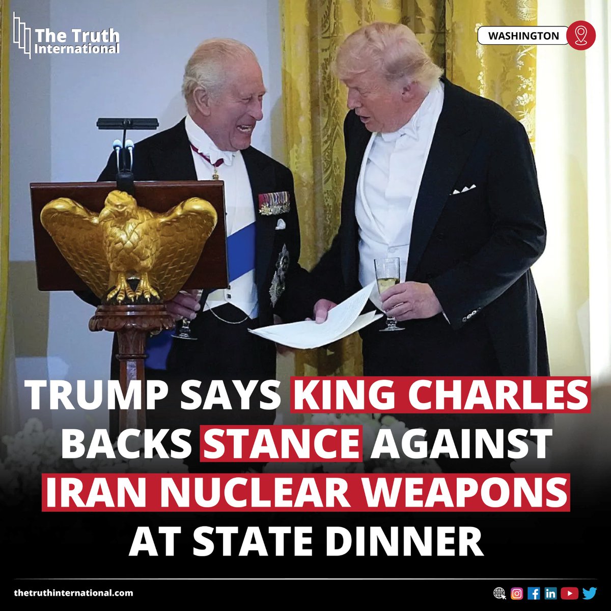 ttimagazine's tweet image. Trump says King Charles backs stance against Iran nuclear weapons at state dinner

READ MORE: thetruthinternational.com/trump-says-kin…

#USPresident #DonaldTrump #KingCharles #stance #Iran #nuclearweapons #statedinner #Washington #TTI