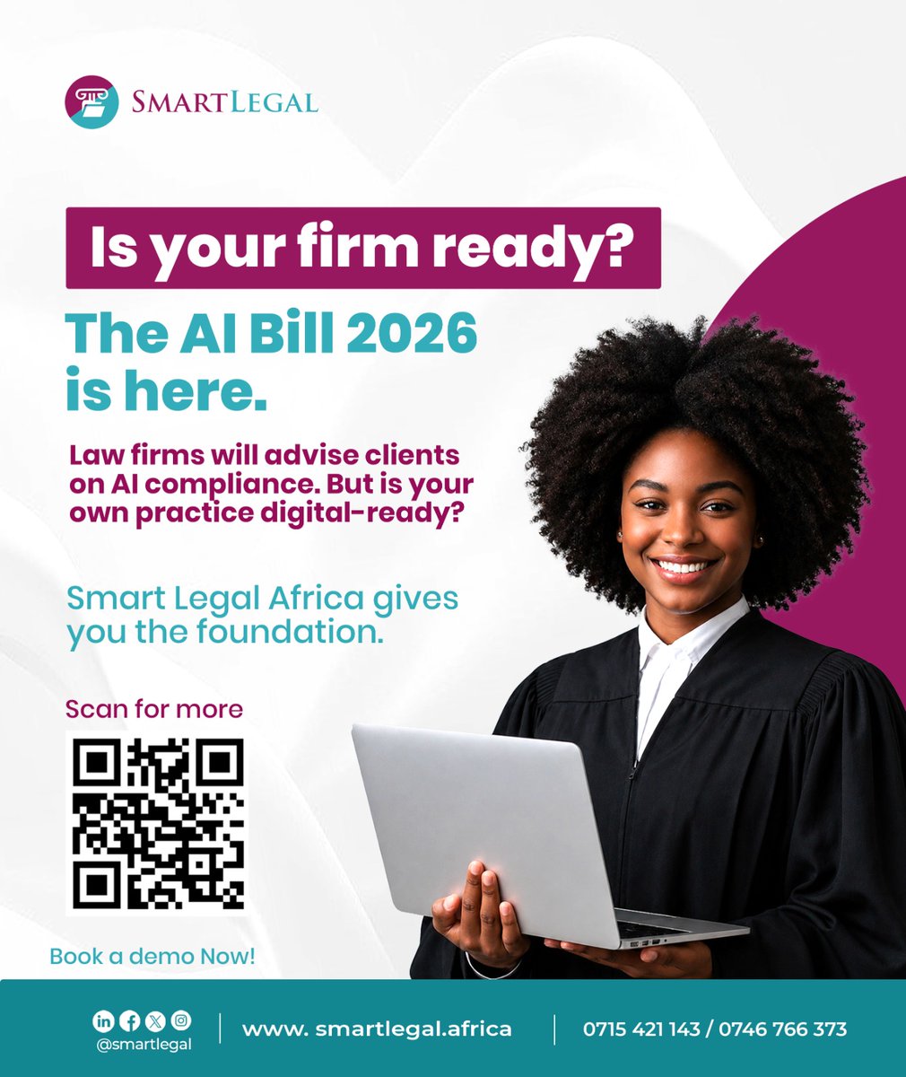 SmartLegalAfrca's tweet photo. You will advise clients on AI compliance. But your firm still runs on paperwork? 😬

Fix that first. 
Book a demo now! 💙

📩 https://t.co/F8fKUN3YLQ📞 0715 421 143
#SmartLegal #AIBill2026 #LegalAutomation https://t.co/J8HCR53I44