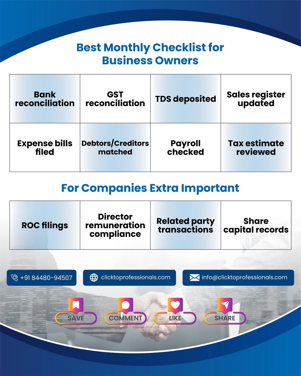 ClicktoProf's tweet image. Business owners 👇

Follow this monthly checklist:
✔️ Bank reconciliation
✔️ GST reconciliation
✔️ TDS deposit
✔️ Payroll review
Avoid mistakes:
❌ GST mismatch
❌ Wrong turnover
❌ No bills
Stay compliant &amp;amp; stress-free!
📞 +91 84480-94507
#Business #TaxTips #GST #ITR #Finance