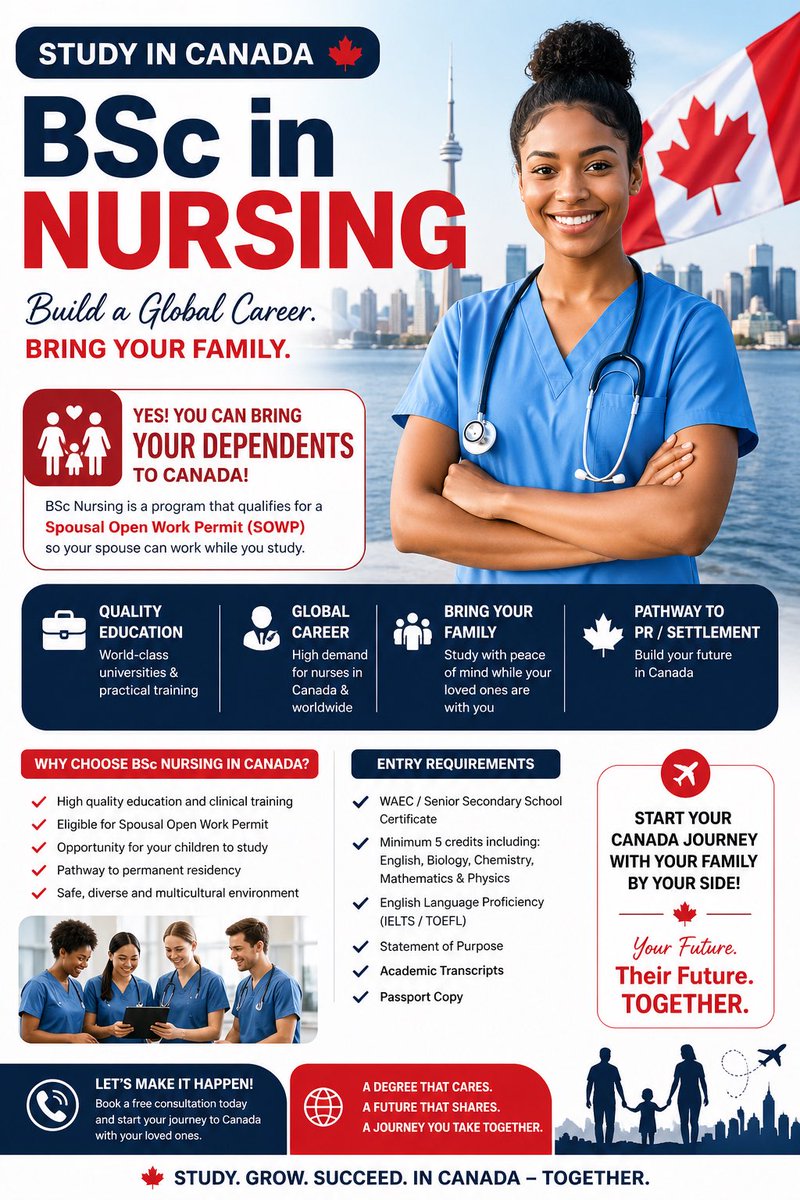 japawithfsh's tweet image. Did you know? 👇
You can study Bachelor of Nursing in Canada 🇨🇦 and still travel with your spouse and children✨

#StudyInCanada #NursingInCanada #CanadaWithFamily #BScNursing #StudyAbroadNigeria #CanadaVisa #RelocateToCanada #HealthcareCareer #NursingStudents #TravelWithFamily