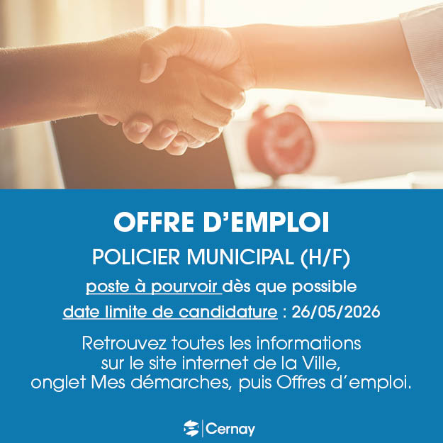 VilledeCernay's tweet image. La ville de Cernay recherche un POLICIER MUNICIPAL (H/F) pour son poste de Police Municipale – Service « Sécurité et Médiation ».  Retrouvez l'offre complète sur le site de la ville : ville-cernay.fr/Mes-demarches/… #Cernay #policemunicipale #recrutement