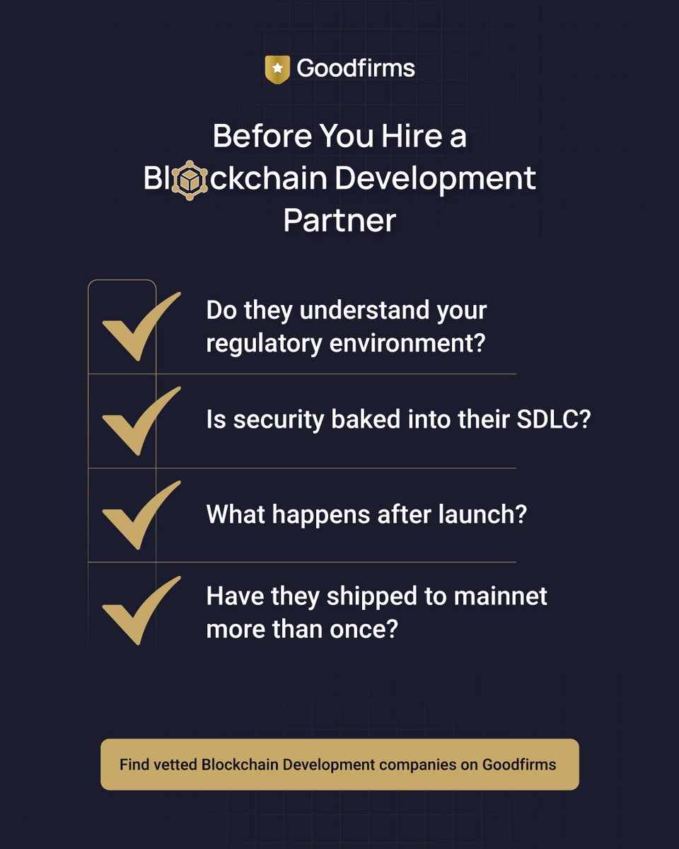 Goodfirms's tweet photo. 𝗕𝗲𝗳𝗼𝗿𝗲 𝘆𝗼𝘂 𝗵𝗶𝗿𝗲 𝗮 𝗕𝗹𝗼𝗰𝗸𝗰𝗵𝗮𝗶𝗻 𝗗𝗲𝘃 𝗣𝗮𝗿𝘁𝗻𝗲𝗿, 𝗮𝘀𝗸 𝘁𝗵𝗶𝘀:

1️⃣ Do they understand your regulatory environment?

2️⃣ Have they shipped to mainnet?

3️⃣ How do they handle security and post‑launch support?

𝗘𝘅𝗽𝗹𝗼𝗿𝗲 𝗩𝗲𝘁𝘁𝗲𝗱 𝗕𝗹𝗼𝗰𝗸𝗰𝗵𝗮𝗶𝗻 𝗗𝗲𝘃 𝗖𝗼𝗺𝗽𝗮𝗻𝗶𝗲𝘀 𝗼𝗻 𝗚𝗼𝗼𝗱𝗳𝗶𝗿𝗺𝘀: https://t.co/HKq7lu7H4D

Featuring teams recognized for their deep technical expertise and security-first approach: @ProbeyServices | @nadcablabs | @infograinssoft | @peiko_space | @solulab | @LeewayHertz | @EvaCodes  | @suffescom | @Blockchain_BAM

#Blockchain #Web3 #DevShop #Goodfirms