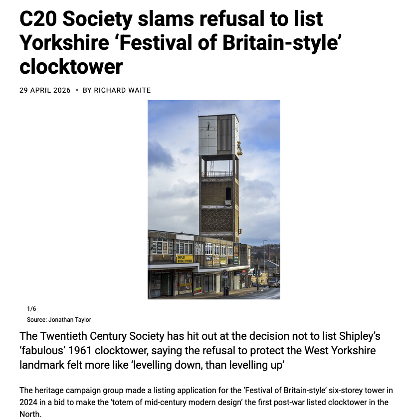 SamiraAhmedUK's tweet photo. Why do such landmarks in the North not get heritage listing?  @C20Society  is right to champion Shipley's "fabulous" 1961 clocktower..(as reported in @ArchitectsJrnal) https://t.co/upG79nDd7L