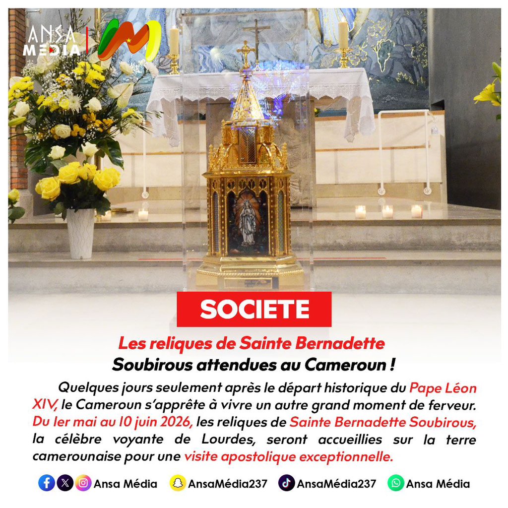 AnsaMedia237's tweet image. Les reliques de Sainte Bernadette Soubirous attendues au Cameroun !

Lire la suite de l’article ici : whatsapp.com/channel/0029Vb…

Travail – Patrie – Infos

#AnsaMedia #Cameroun #Religion #SainteBernadette #Lourdes