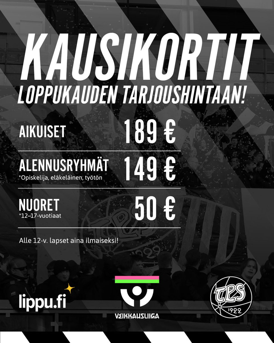 TPSjalkapallo's tweet image. Vielä ehdit hypätä mukaan Tepsin kausikorttilaiseksi! 🖤🤍

Veikkausliiga-kauden kausikortit nyt loppukauden ajan tarjoushinnoin. Osta omasi Lippu.fin verkkokaupasta ja koe paras matsitunnelma Kupittaalla!

🎫Tästä ostoksille: lippu.fi/fctps

#FCTPS #Veikkausliiga #Turku