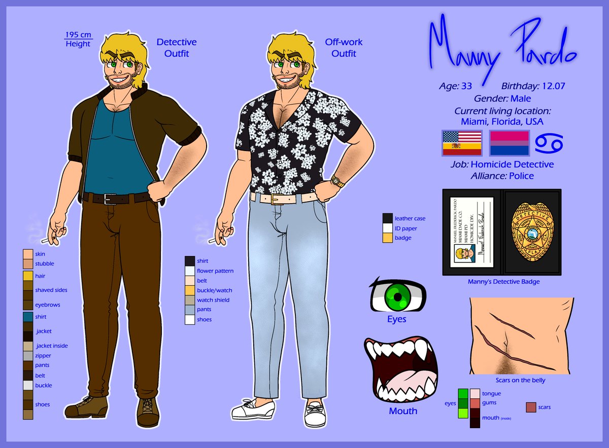 After I finished my OC ref sheets (for now), I wanted to make for my 3 HLM favs - starting with Manny!

Finally, I have a proper ref and I don't need to open hell knows how man(n)y drawings to get all the colors and whatnots!
And, yes, the ref includes a lot of my headcanons lol
