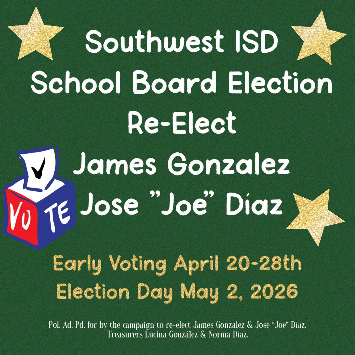 RGCA's tweet photo. Please support the Incumbents J. Gonzalez &amp; J. Diaz for SWISD School Board. Proven leasership &amp; integrity! Go vote Election Day May 2, 2026.  #swisd #southweststrong https://t.co/8vxTyw0PYL
