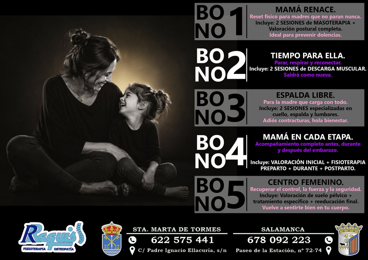 SalamancaRaquis's tweet image. Este domingo es el #DíadelaMadre 💛

Hemos creado 5 bonos especiales para cuidar a quienes siempre lo han dado todo: #embarazo, #postparto, #suelopélvico y #bienestarfemenino.

Si dudas, te ayudamos a elegir el ideal para cada caso.
#Regalasalud. Regala cuidado. 🌿