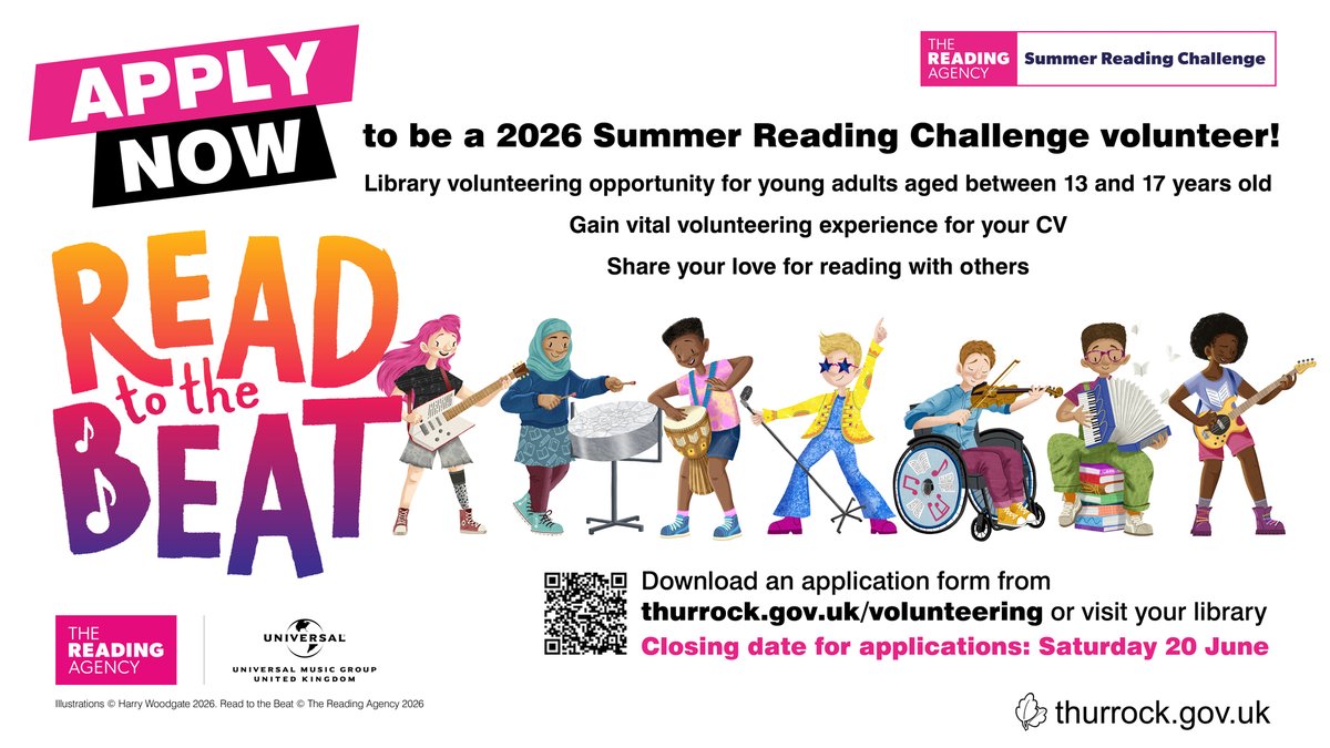 GraysConvent's tweet photo. Thurrock Libraries are once again offering volunteer opportunities for 13-17 year olds over the summer as part of the Summer Reading Challenge: Read to the beat. https://t.co/BFEpUkYHCi