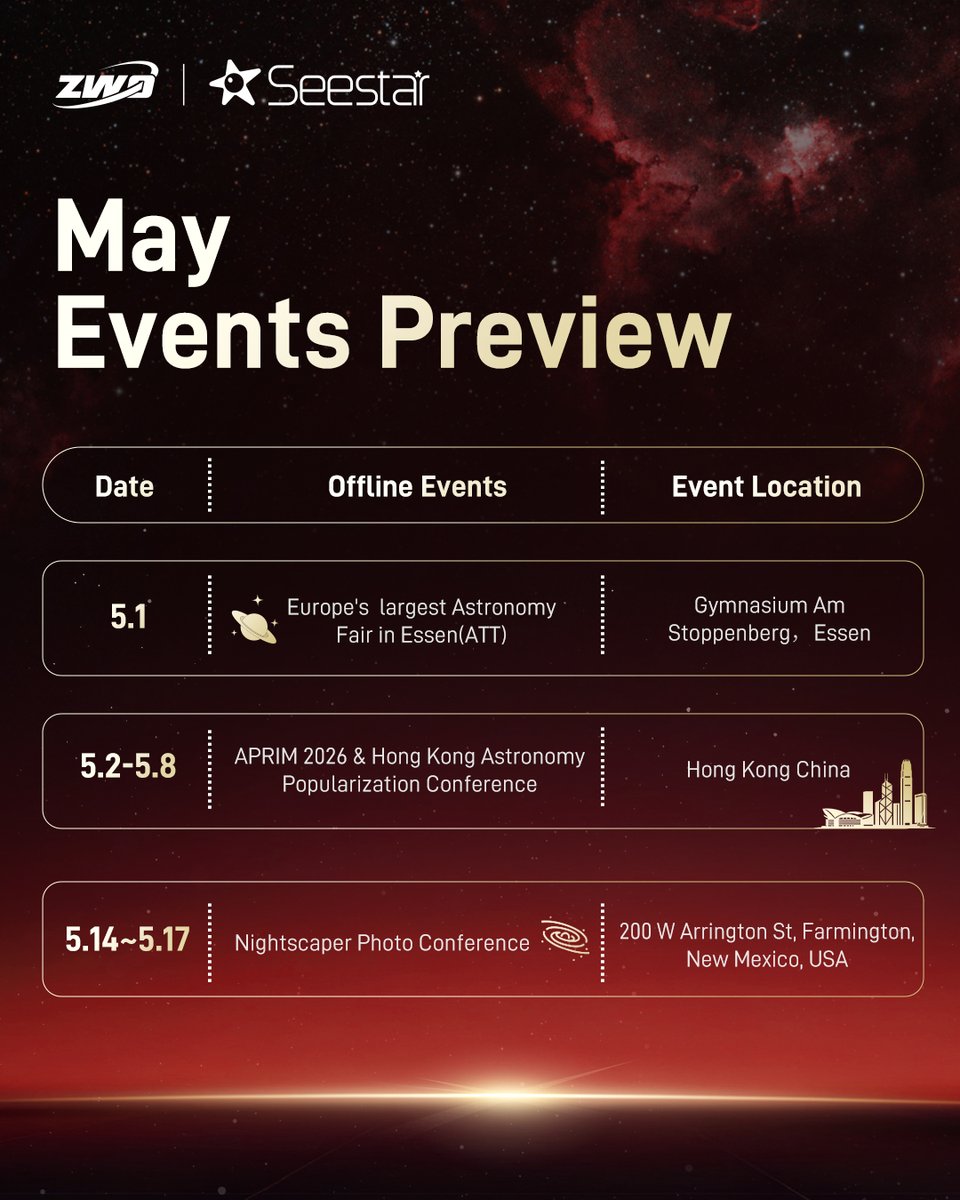 zwoastro's tweet image. May Offline Events Are Coming!
We’re heading out around the world this May—
with offline events across the U.S., Europe, and Asia.
We can’t wait to connect, share the night sky, and meet you in person.
See you under the stars!

#ZWO #Astrophotography #Stargazing #StarParty