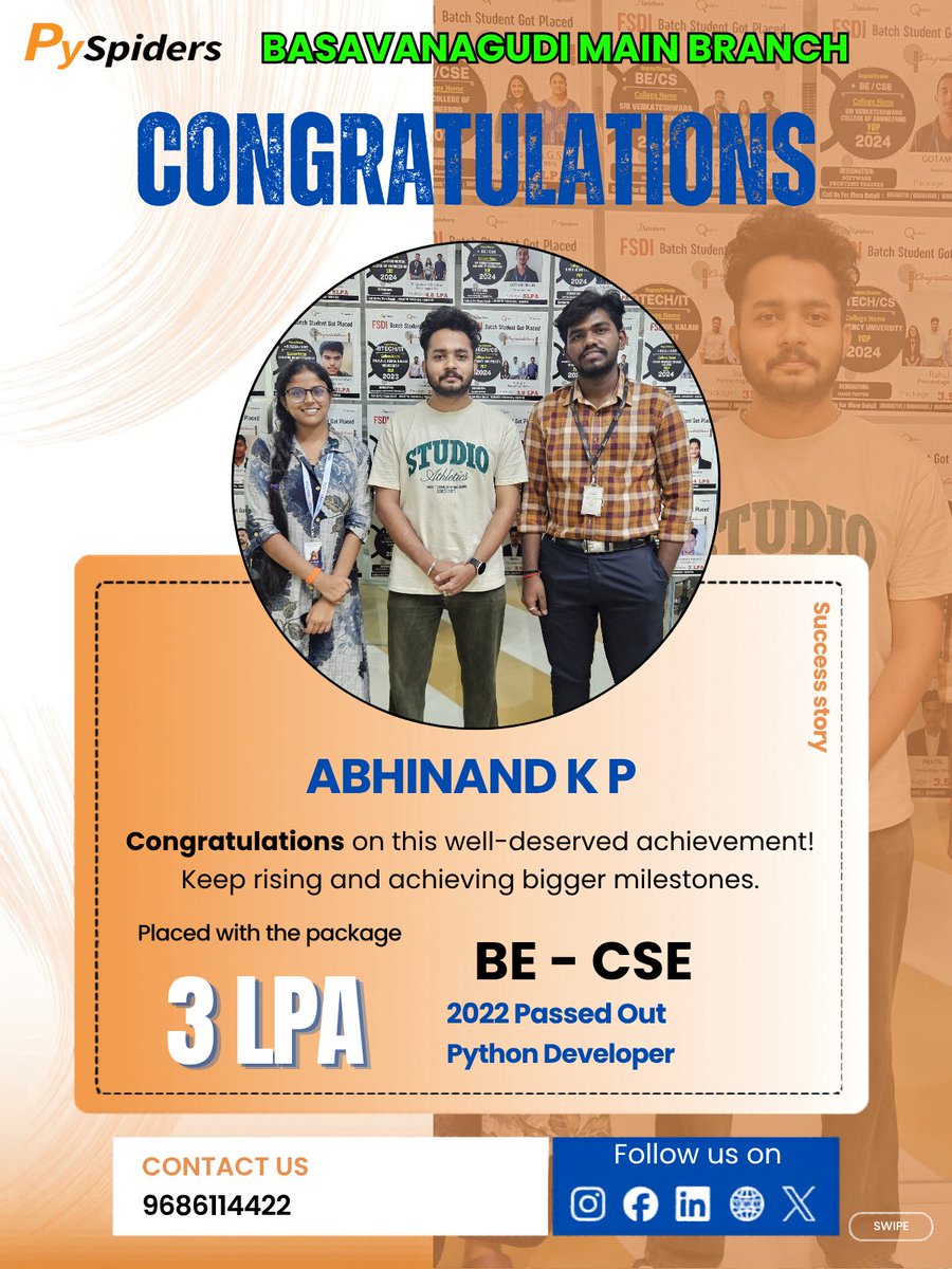 JBasavanagudi's tweet photo. 📷 Congratulations, ABHINAND K P, on getting placed at JSPIDERS Basavanagudi! This is a fantastic achievement. Best of luck in your new role! 📷
#jspiders #Congratulations #NewJob #SuccessStory #JavaStack #FullStackJava #JavaDevelopment #JavaCoding #jobplacement https://t.co/NxoenZf4QZ