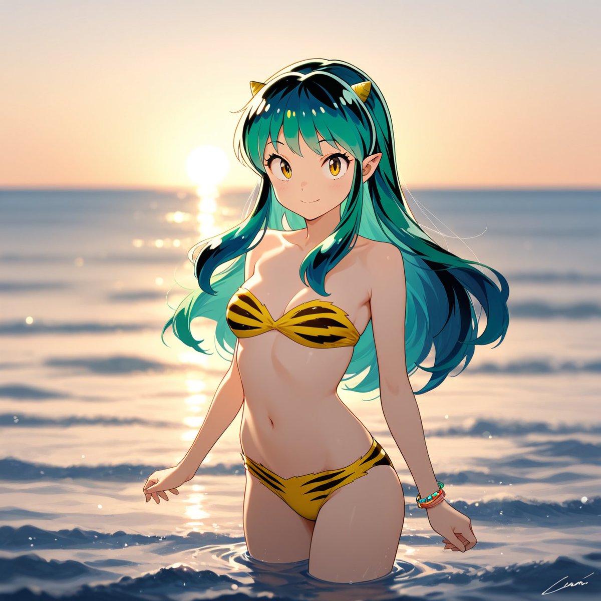 夕暮れの浜辺、波打ち際に佇むラムちゃん…。 まさに「水も滴るいい女
