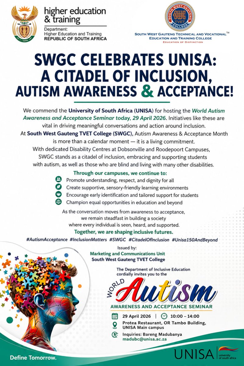 SWGCollege's tweet photo. CELEBRATING AUTISM AWARENESS &amp; ACCEPTANCE! 💙🧩

SWGC proudly joins UNISA in championing inclusion and shaping futures where every student is seen, heard, and supported.

#AutismAcceptanceMonth #inclusionmatters #SWGC #CitadelOfInclusion #Unisa150andBeyond https://t.co/yM8cvVejGl
