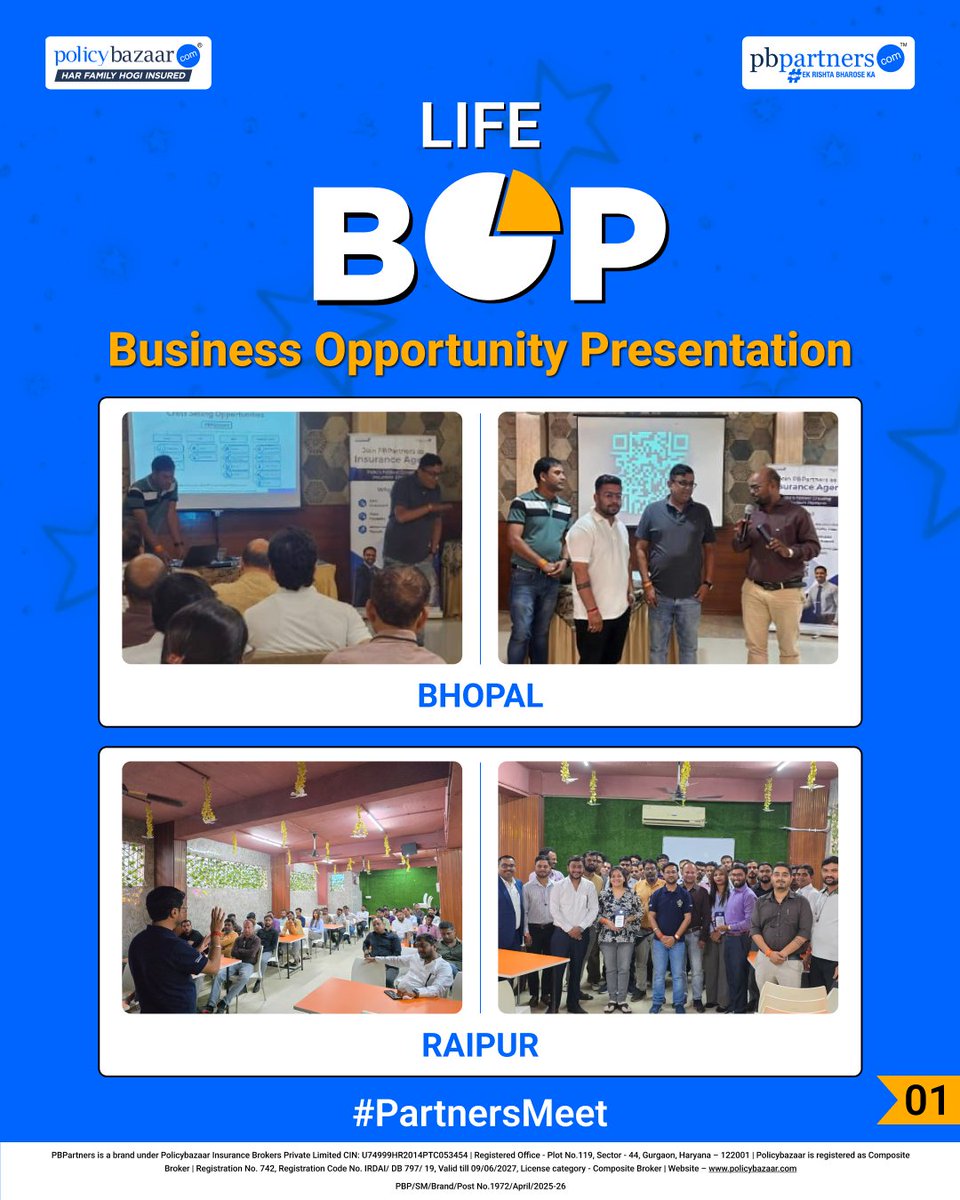 PBPartners_Ofcl's tweet image. We took our #LifeInsurance BOP Partners Meet across 19 cities, strengthening our mission to empower aspiring entrepreneurs nationwide.

With seamless onboarding and engaging sessions, every partner got a strong start with #PBPartners.