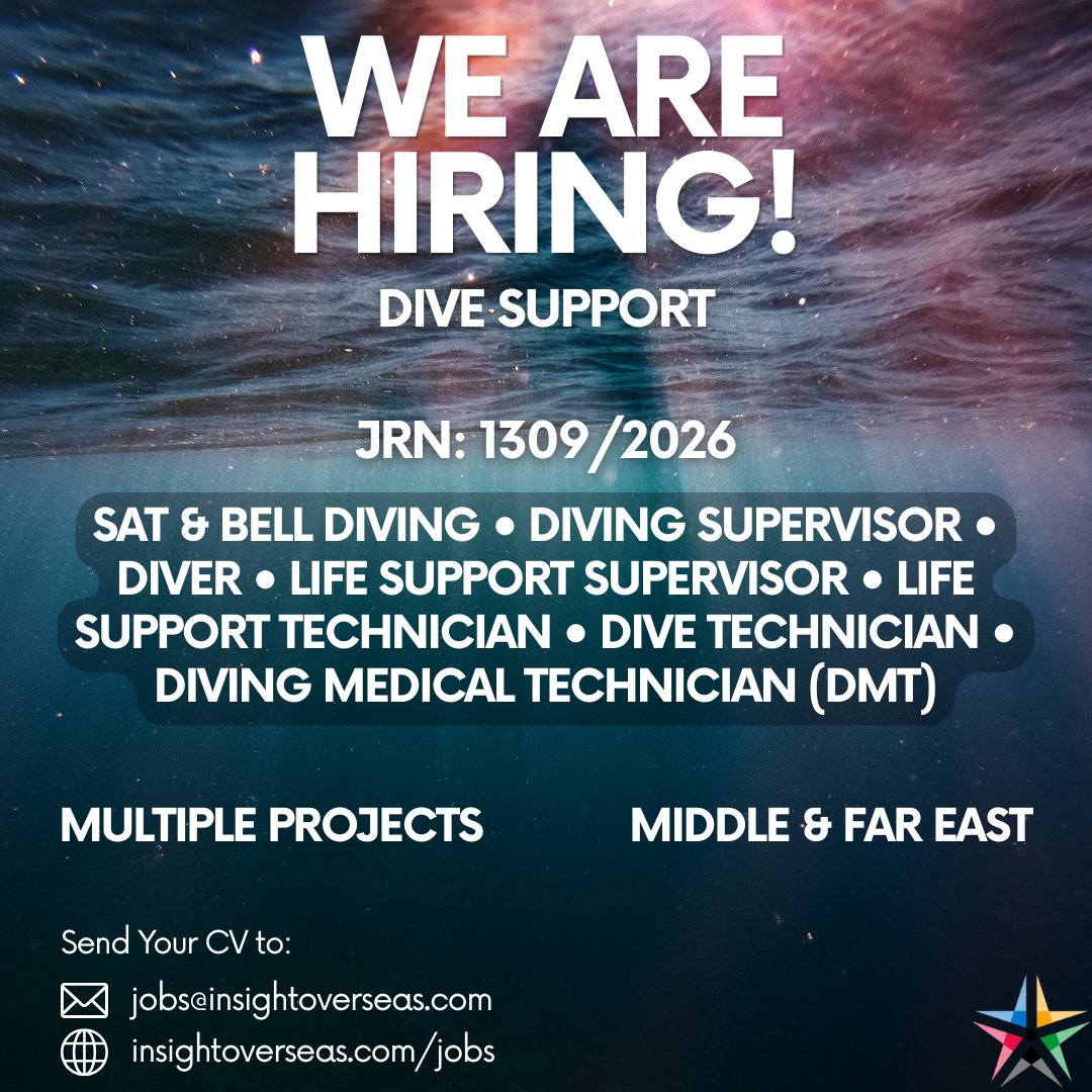 InsightOverseas's tweet image. 📢 We are looking for experienced Dive Support professionals to join Insight Overseas for upcoming projects in the Middle &amp;amp; Far East!

Apply Now via:
📩 jobs@insightoverseas.com
🌐 insightoverseas.com/jobs

#HiringNow #ApplyNow #DiveSupport #OffshoreJobs #OffshoreDiving #Offshore