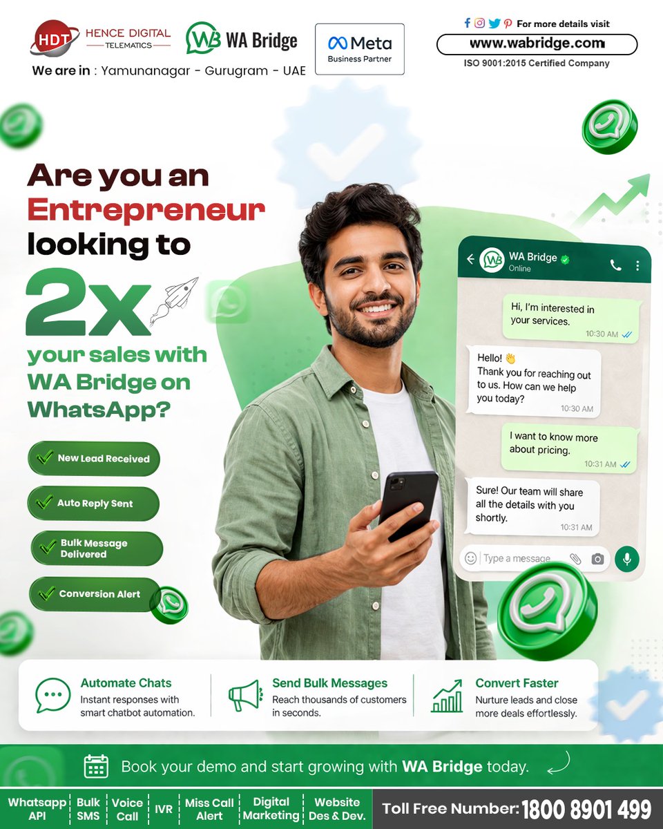 WhatsappBridge's tweet photo. Scale smarter with WA Bridge WhatsApp API 🚀 Automate chats, run bulk campaigns &amp; convert leads with chatbot automation. Boost engagement &amp; sales today.

👉 Upgrade now
📞 1800 8901 499
🌐 https://t.co/6sX9XQwiDU

#WhatsAppAPI #WhatsAppMarketing #Chatbot #LeadGeneration https://t.co/2bZo8SeDss