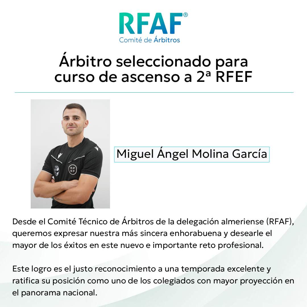 RFAFAlmeria's tweet photo. 🅰rbitros @RFAF_Arbitros

Nuestro árbitro Miguel Ángel Molina García da un paso más en su carrera tras ser seleccionado para el curso de ascenso a Segunda RFEF 👔✨

🎖️ Un premio tras su excelente temporada. ¡Enhorabuena y a seguir cumpliendo objetivos!

#ArbitrosRFAF https://t.co/dyLOG5HM0p