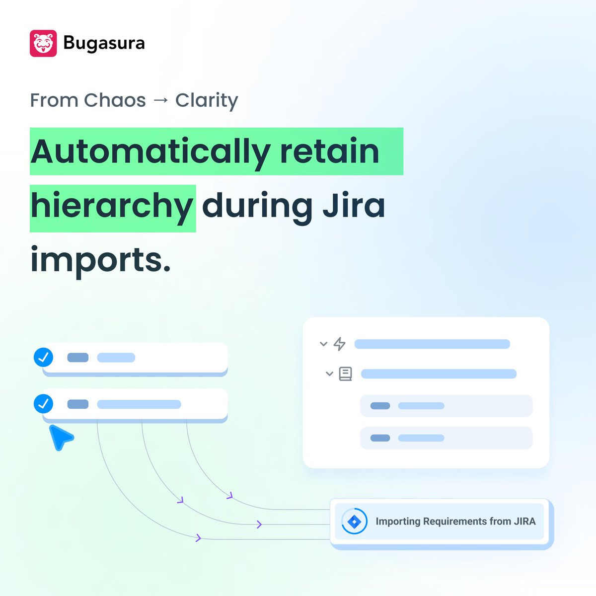 Jira import → chaos.
No parents. No structure. Just a flat mess.
So teams fix it manually… every time.

We fixed that.
Hierarchy stays intact. Automatically.

bugasura.io

#QA #SoftwareTesting #TestManagement #BugTracking #Jira #SaaS #DevTools #QualityEngineering