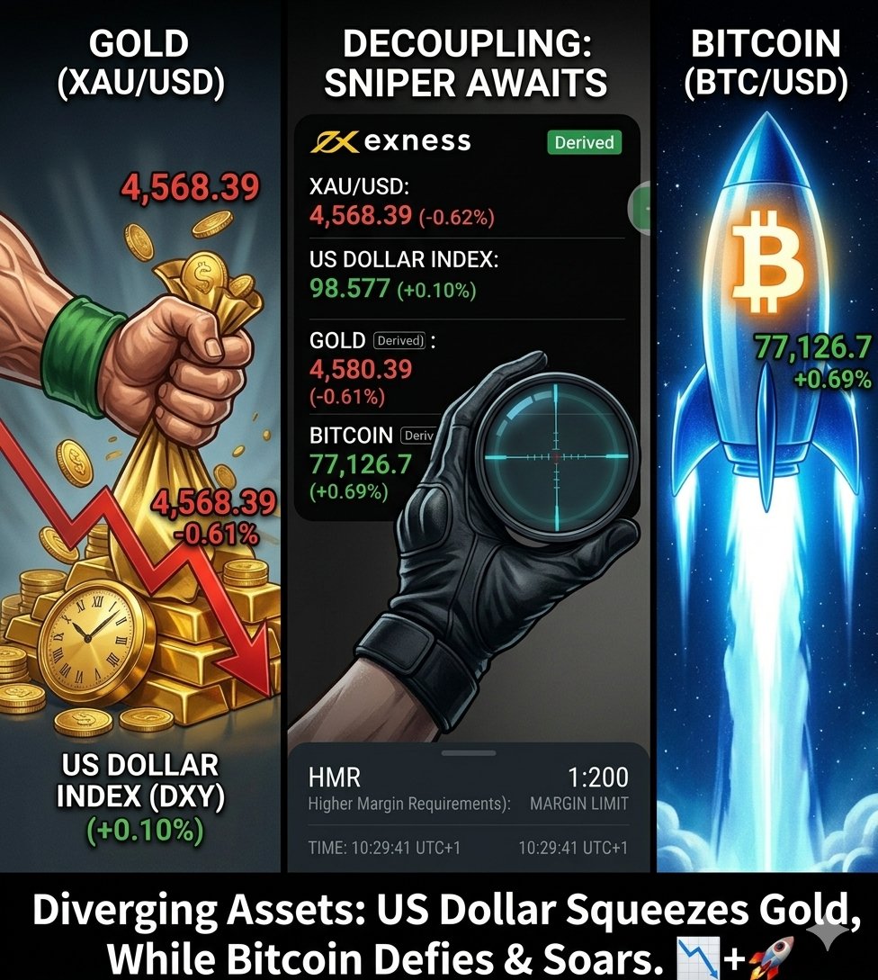 Whalewatcher220's tweet image. SNAPSHOT. 🎯

The correlation is undeniable. The #US Dollar index is flexing its muscles ($98.577, +0.10%), and #Gold is feeling the squeeze, slipping back into the danger zone at $4,568.39 (-0.62%). 📉
​BUT... Look at #Bitcoin defying the logic and flying solo at $77,126