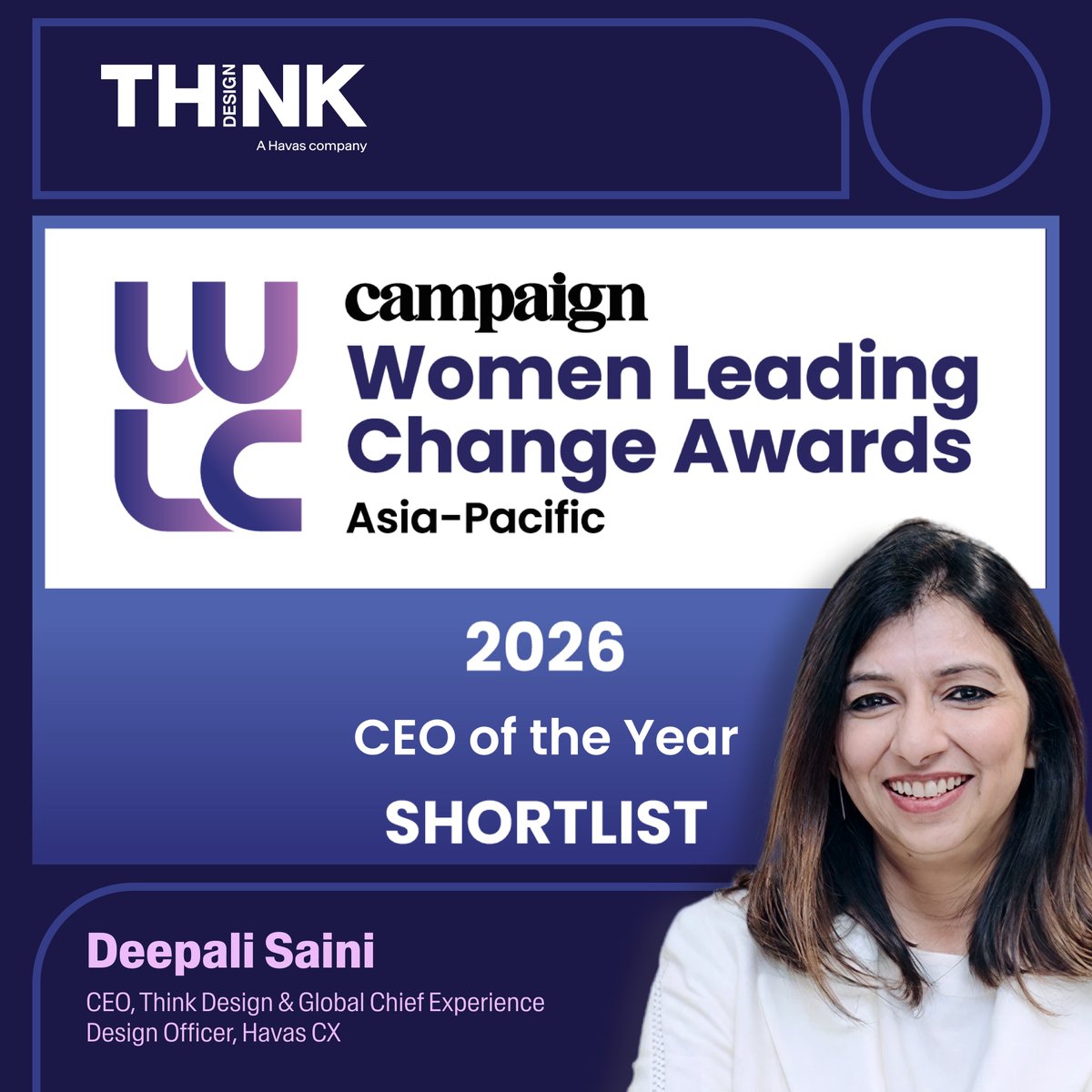 thinkdotdesign's tweet photo. We have some exciting news to share!

Deepali Saini, CEO at Think Design Collaborative &amp; Global Chief Experience Design Officer at Havas CX, has been shortlisted for CEO of the Year 2026 at the Campaign Asia Women Leading Change Awards.

Congratulations, Deepali. https://t.co/EcRtmMOzTZ