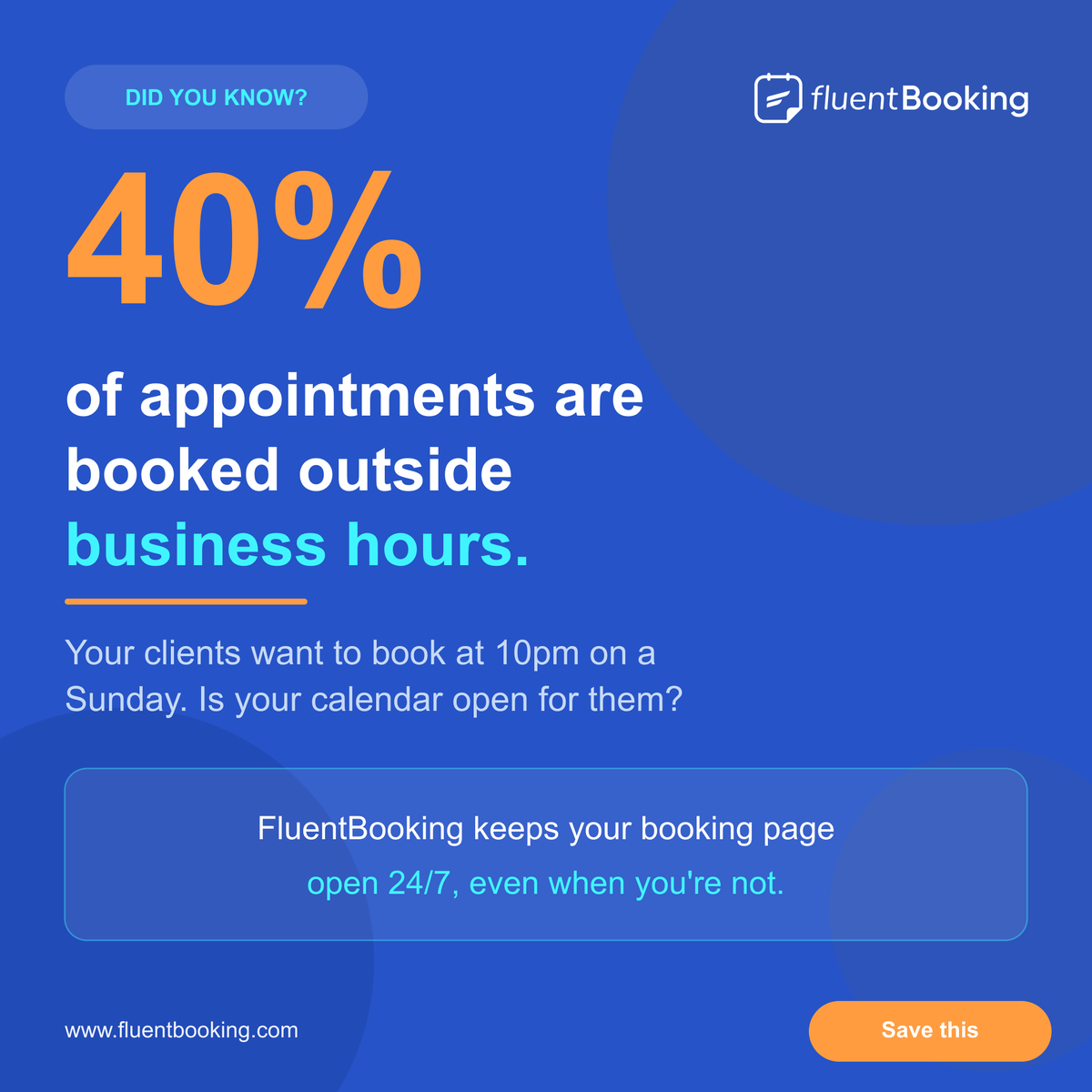 FluentBooking's tweet image. 40% of appointments are booked outside business hours.
Your clients want to commit at 10 pm on a Sunday.
Is your calendar open for them?
If not, someone else's is.
FluentBooking keeps your booking page live 24/7. Automatic. Effortless.
#FluentBooking #WordPress #Scheduling
