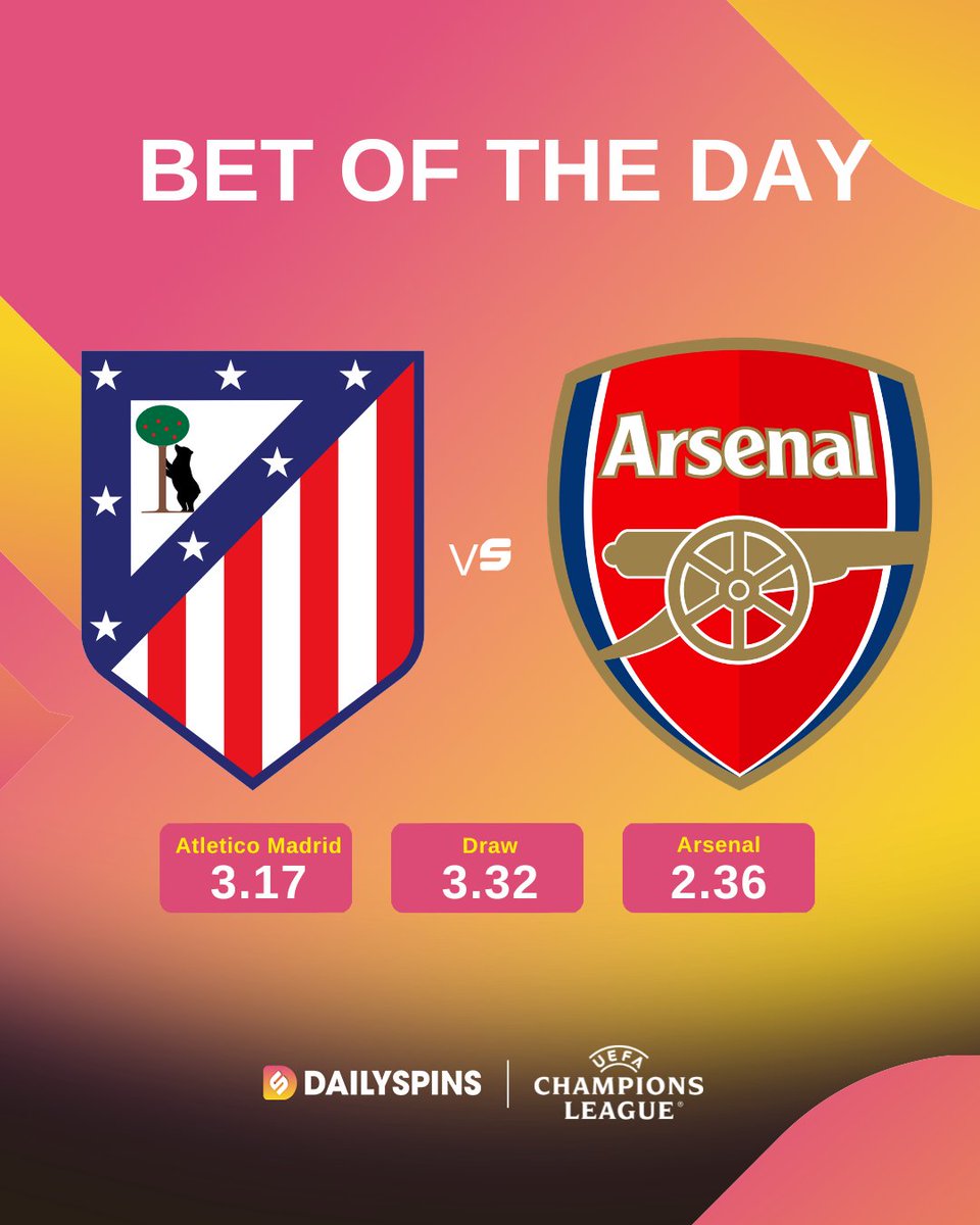 ⚽ Atletico Madrid vs Arsenal UCL battle tonight ⚽

𝐏𝐫𝐞𝐝𝐢𝐜𝐭 𝐭𝐡𝐞 𝐜𝐨𝐫𝐫𝐞𝐜𝐭 𝐬𝐜𝐨𝐫𝐞 𝐭𝐨 𝐰𝐢𝐧 $𝟐𝟎 💵

✅ Follow <a href="/dailyspinscom/">Dailyspins</a> 
🔁 Repost + tag a friend
💬 Comment your score + 🆔