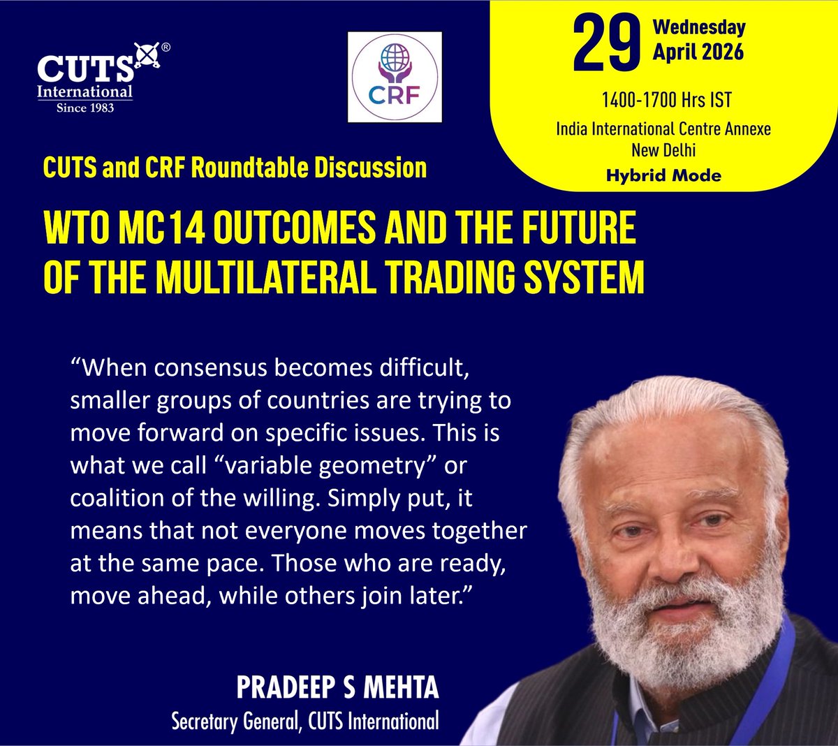 CUTS_CITEE's tweet photo. 🔊Live Now

Roundtable discussion on #WTO #MC14 Outcomes and the Future of the #Multilateral #Trading System

@PascalLamyEU @ShashiTharoor @Psm_cuts @MontekSinghPC @priyadarshi_crf @bc_cuts @CUTS_CCIER @vijay67_singh @CUTSGlobal https://t.co/2IXjWdIVsY