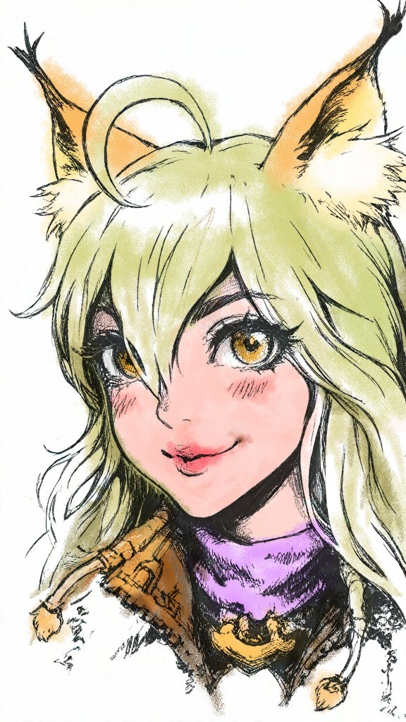 popapazuma's tweet photo. 私の描いた大人顔（面長）のラフを、AIという『少し可愛いもの好きな調査員』に任せてみたら……。

(あらためて比べて観てたら、元のラフじゃなくて生成に失敗して出てきたラフに色を塗ってベースにしてたみたい🤤　ラフは無理だったけど透析中に左手で塗った😅)
#手描きラフ #クリスタ #AI生成 https://t.co/OVQI3zuWpW