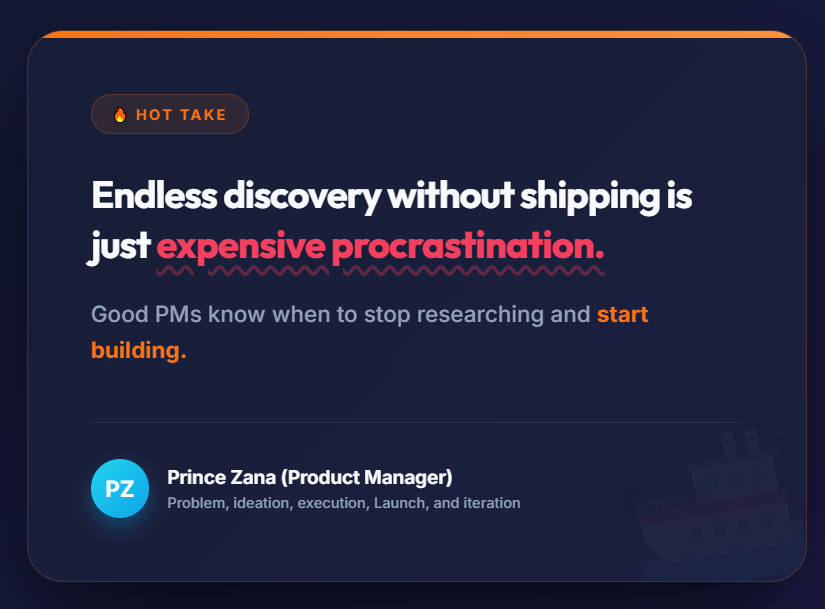 PrinzAna's tweet photo. Hot Take: Endless discovery is just expensive procrastination.
You can't research your way out of the need to execute. Real data starts when the first user clicks 'Get Started'.
Stop researching. Start building. 🚢
#ProdMgmt #BuildInPublic #Execution Tip