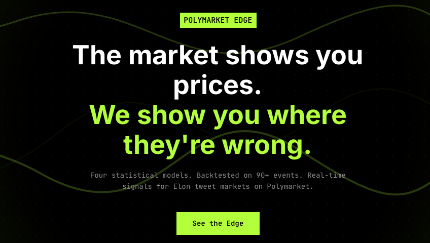 ElonPulseIO's tweet photo. I've been trading Elon tweet markets on Polymarket for a while and kept losing track of his tweet count manually.

So I built a tool that tracks it automatically  live count, historical patterns, and signals when the data looks interesting.

It's called ElonPulse. Still early but it's been useful for me and I figured others might find it helpful too so check it out.
https://t.co/OaKpgEJ7wY