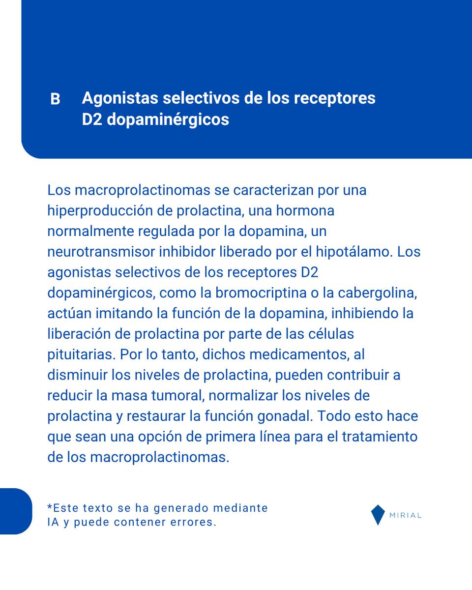 MirialApp's tweet photo. 🔷 QUIZ 🔷

El tratamiento médico de los macroprolactinomas debería reducir la masa tumoral, normalizar los niveles séricos de prolactina y restaurar la función gonadal. Esto se puede conseguir con: 

Desliza en el carrusel para leer la respuesta correcta ➡️

#MirialApp #MIR #examenMIR #2MIR27 #MIR2027