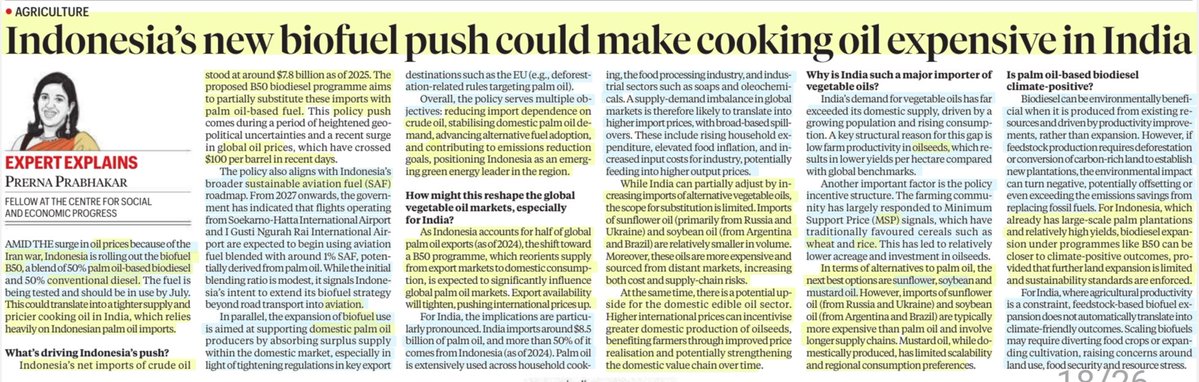 imRavikantYadav's tweet image. Indonesia's new biofuel push could make cooking oil expensive in India

:An informative article by Ms Prerna Prabhakar
@PrernaPrabhaka3

#Indonesia #Biofuel #B50 #SAF
#Aviation
#IranWar‌ #OilShock
#PalmOil
#India #SunflowerOil #SoyabeanOil #MustardOil #Oilseeds

#UPSC

Source:IE