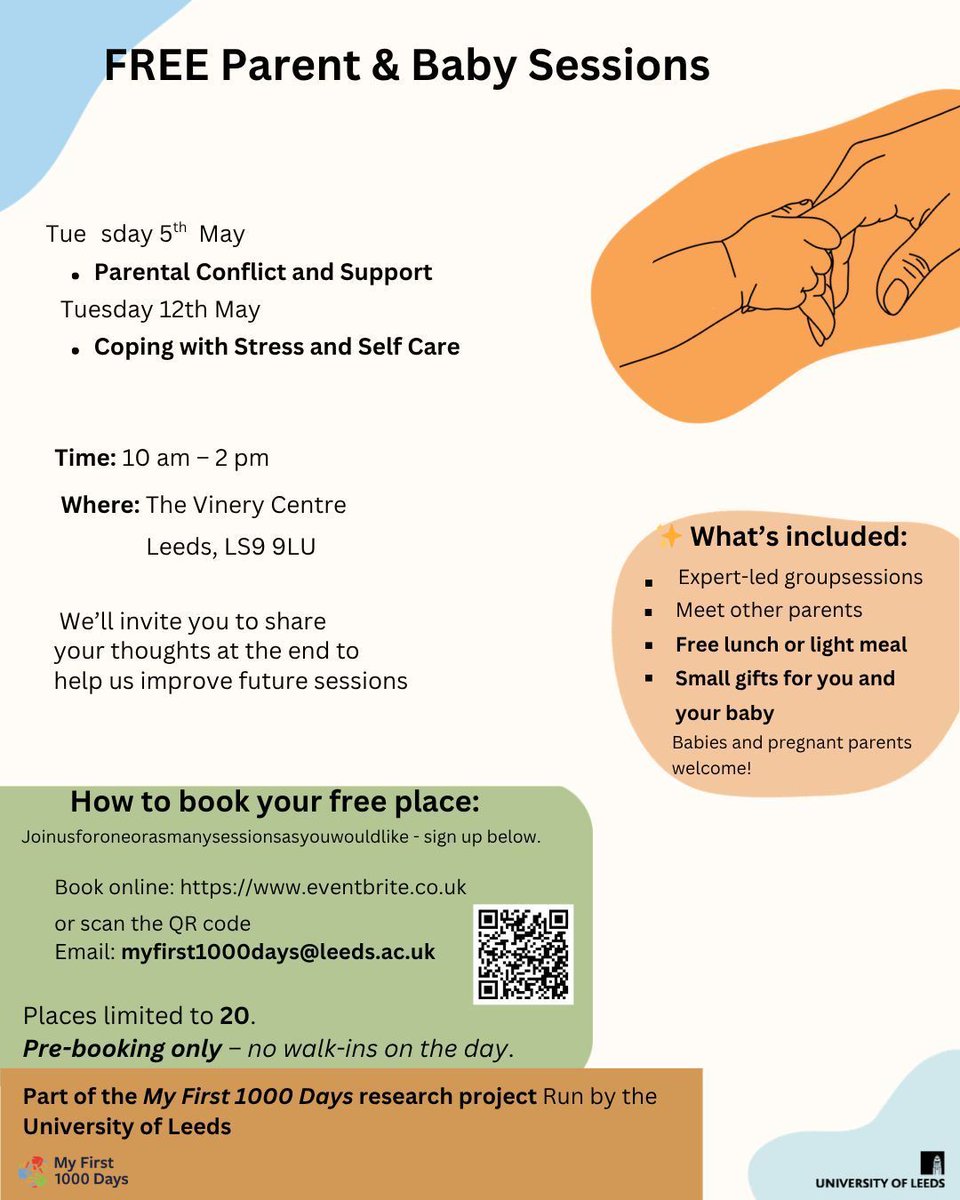 leedsbabybank's tweet photo. 📢 Research Sessions with University of Leeds 

The University is hosting research sessions on:

🗓 Tuesday 5th May - Parental Conflict and Support 
🗓 Tuesday 12th May - Coping with Stress and Self Care

📍 The Vinery Centre, LS9 9LU

🎟 Pre-bookings only. Book your free session https://t.co/t4KROmRZyu