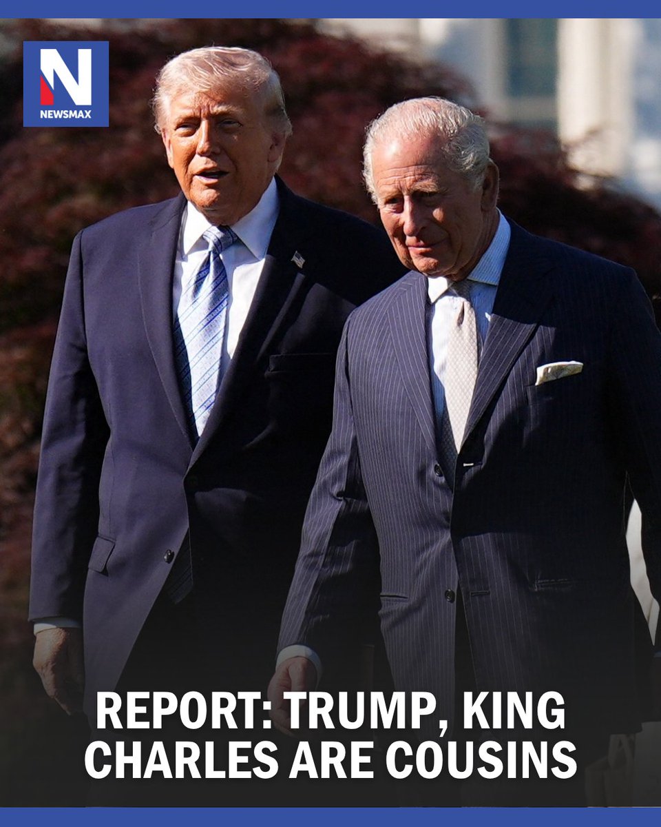 NEWSMAX's tweet image. ROYAL FAMILY: President Donald Trump and King Charles III are distant cousins linked through a 16th-century Scottish nobleman, according to genealogical research by Robert Hardman, the official biographer of the late Queen Elizabeth II and King Charles.

MORE: