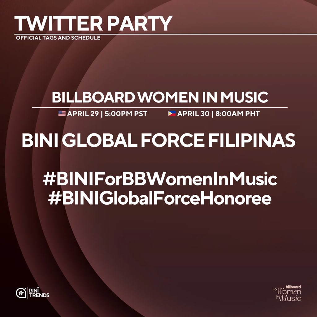 BINI_TrendsTeam's tweet photo. BINI is set to receive the Global Force Award at the Billboard Women in Music 🌍✨

Join us for our Twitter party as we celebrate this huge milestone together! Make sure to use the OFFICIAL TAGS and follow the schedule so we can keep the momentum strong.

See you there, Blooms 💖🌸

BINI GLOBAL FORCE FILIPINAS 

#BINIForBBWomenInMusic
#BINIGlobalForceHonoree