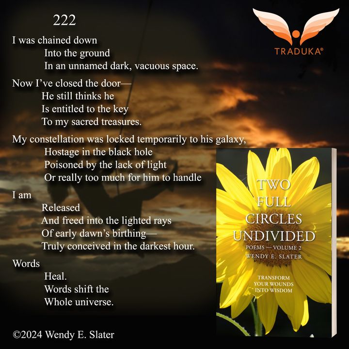 WendyESlater's tweet image. ⭐ ⭐ ⭐ ⭐ ⭐ #Bookreview:
🌻 This is not just a collection of #poetry. 
Each poem is interwoven with the other #poems, 
creating a profound tapestry of healing in the #reader."🌻 

🌻 Two Full Circles Undivided is available now: amzn.to/3XGUdnI🌻 

#mindbody #readers
