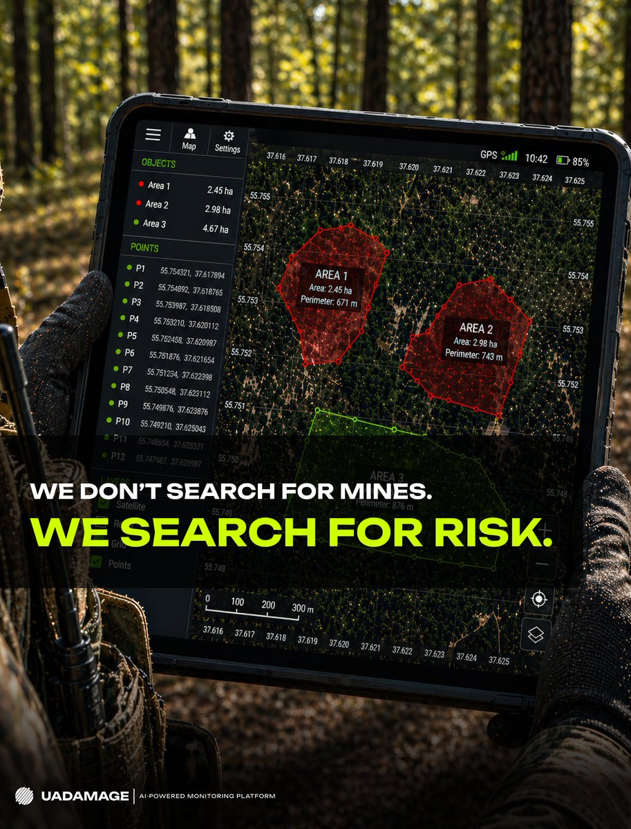 UaDamage's tweet photo. Raw detections create noise, not clarity. Too many signals slow demining operations instead of improving them.
At UADAMAGE, we turn aerial data into clear risk layers: safe corridors vs. contamination zones.
Less noise. Faster decisions.
Read more: https://t.co/fr5q1SvqQY https://t.co/X68MfuKCsl